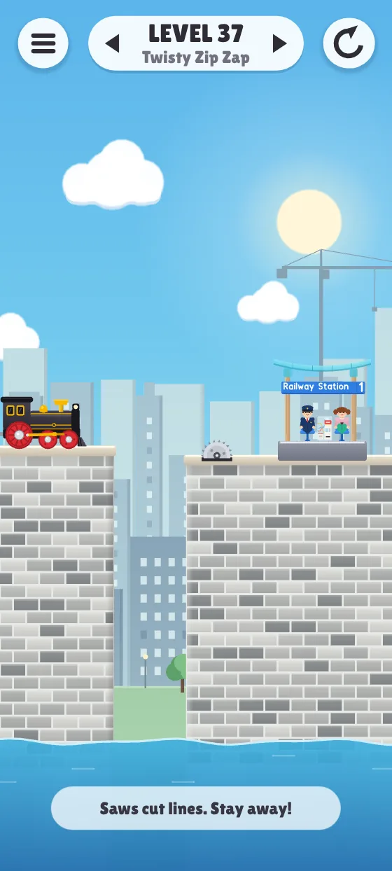 City world: brick pillars, tall buildings, a crane, and a saw in the gap.