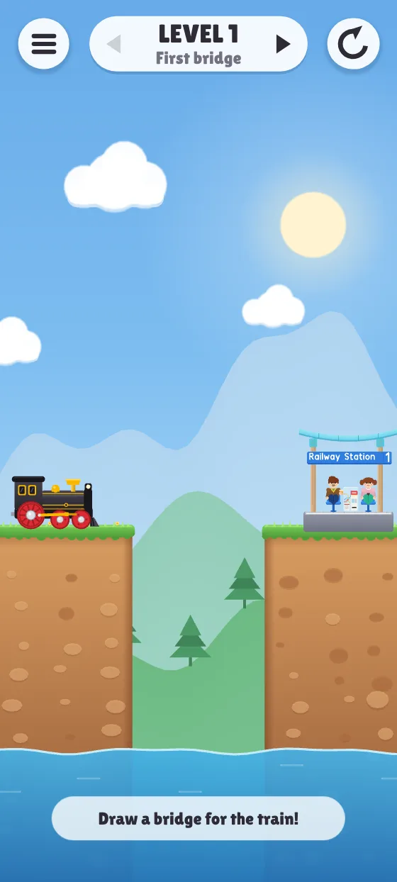Level 1: the train waits on a cliff, a gap, and a little train station on the other side.