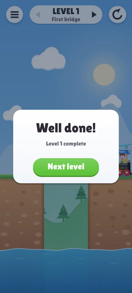 The Well done card: level 1 complete, with a Next level button.