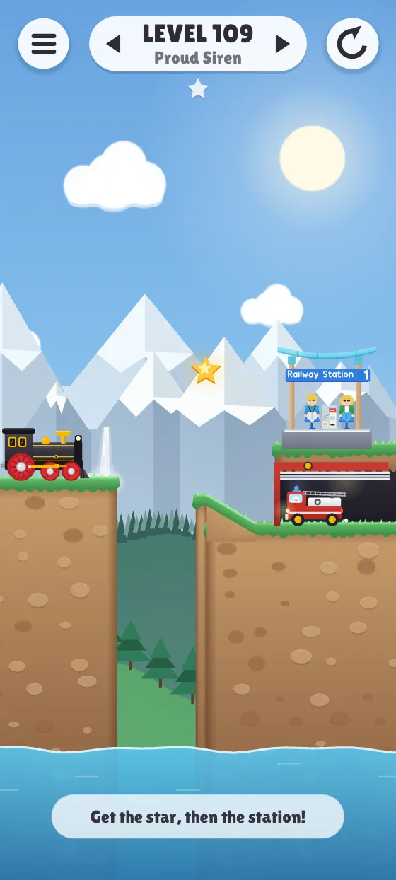Mountains world: snowy peaks, pine trees, and a fire truck below the station.