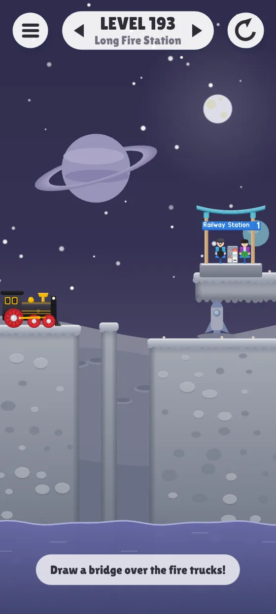 Space world: a dark sky with stars, a ringed planet, and grey rock.