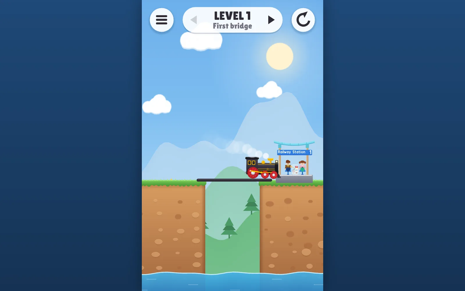 Draw Bridge in a web browser: on level 1 the train drives over a drawn line towards the station.