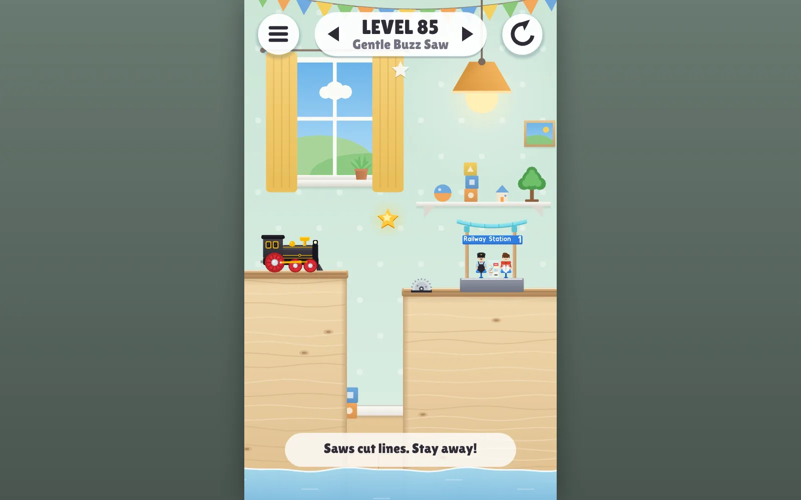 Draw Bridge in a web browser: the Toy room world, level 85, with a saw between the cliffs.